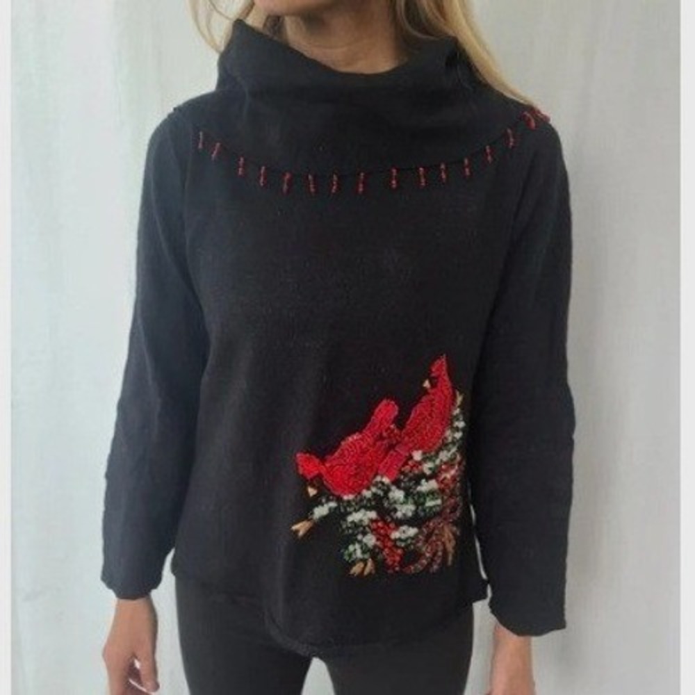 Tiara International Christmas Cardinal Sequin Beaded Cowl Neck Sweater Black S